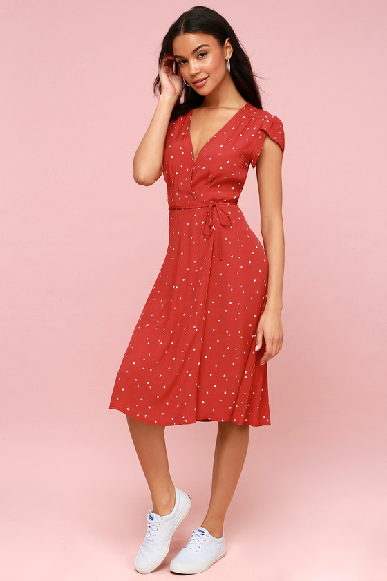 Red Heart Print Dress - Midi Dress ...